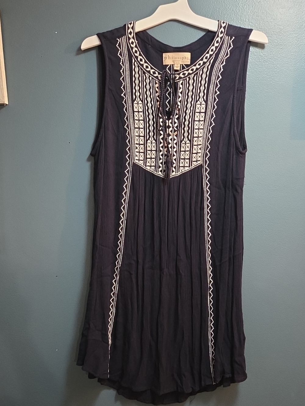 Philosophy Dress Womens Large Black White Embroidered Boho Sleeveless Swing